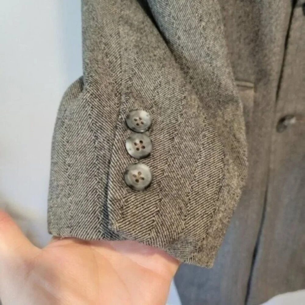 Vintage Jonathan Scott Empire Mens Button Front Wool Long Coat Herringbone Gray